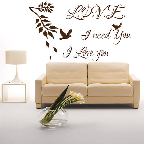 Love, I Need You, I Love You - Wall Quotes With Bird, Wall Stickers, Wall Murals Art, Wall Vinyl Decals